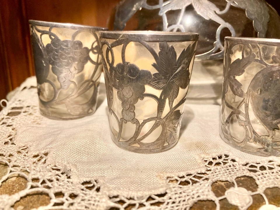 Antiguo juego de jarra de cristal y 4 vasos de chupito Alvin .999 de plata fina de 11" Foto 3 de 4