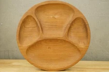 MCM Mid Century Modern Wood Teak Round Large Fondue Relish Serving Plate 11.5"