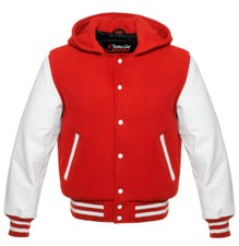 RED VARSITY HOODIE LETTERMAN WOOL WHITE REAL LEATHER JACKET