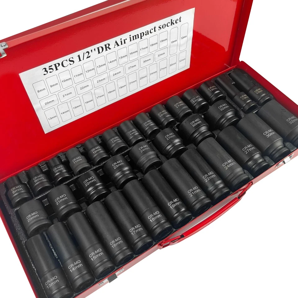 35pcs 1/2" Sq Metric Drive Deep Impact Socket Tool Set Garage Kit 8-32mm + Case - Image 3 of 4