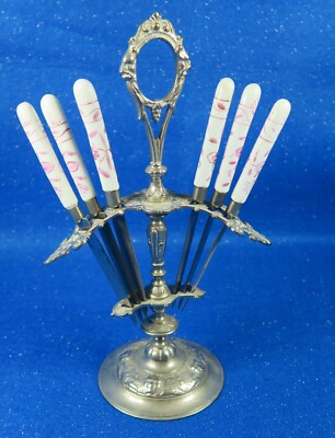 Seven Piece Set of Fruit Knives in a Silver Tone Metal Holder -  Estate