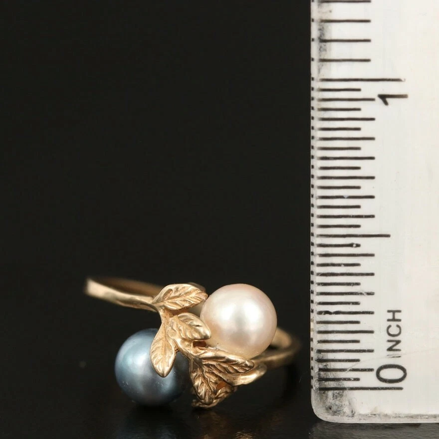 Anel de pérolas vintage tamanho 6,5 pérolas cinza/branco ouro 14K requintado! - Imagem 2 de 3