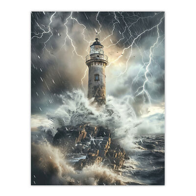 Lighthouse Thunderstorm Sea Crushing Waves Wall Art Poster Print