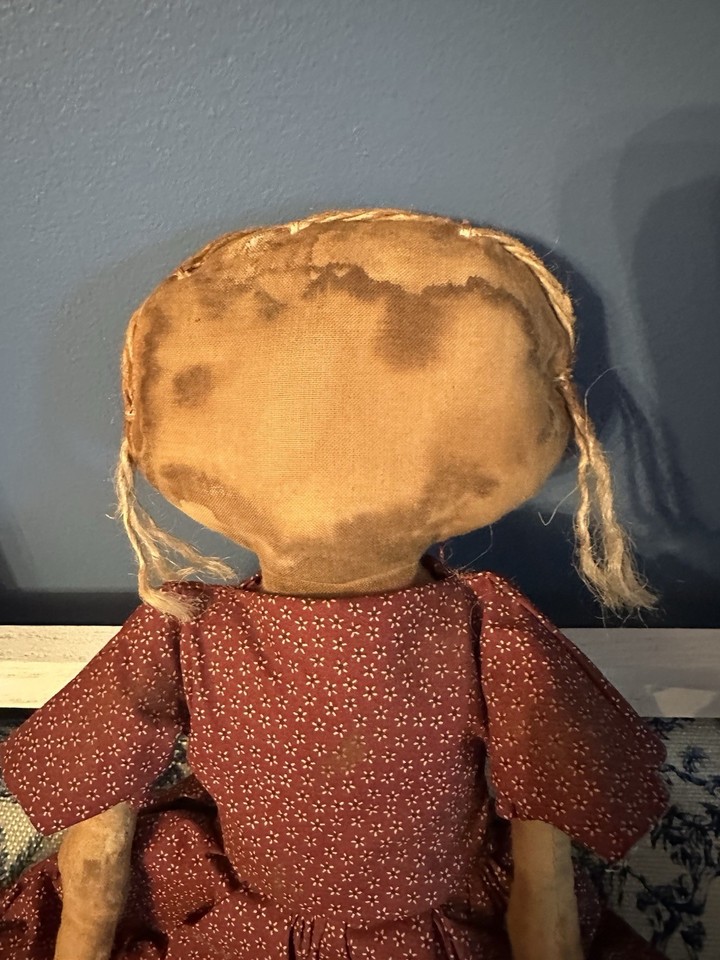 Primitive Folk Art Faceless Doll Handmade Grungy Burgundy Dress 17” | eBay