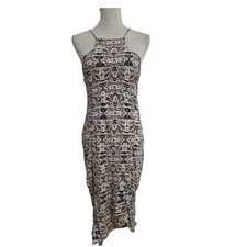Express Womens Damask Geometric Print High Neck Bodycon Midi Dress Tan Black S