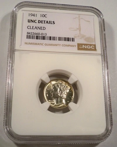 1941 NGC UNC DETAILS CLEANED MERCURY DIME 10c RAINBOW RIM TONE WINGED LIBERTY
