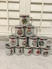 FULL SET OF 12 TENSHAN FINE CHINA 12 DAYS OF CHRISTMAS DECK THE HALLS MUGS