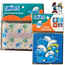 Smurfs Bath Bundle Safety Tub Treads Exfoliating Body Sponge NIP Nostalgic