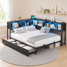 Full Size Corner Bed Frame Daybed with Bookcase Headboard LED Lights 2 Drawers