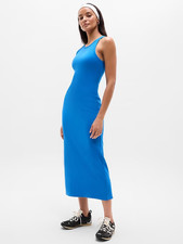 Athleta S SMALL Signature Rib Maxi Tank Dress Breaker Blue Padded Shelf Bra Long