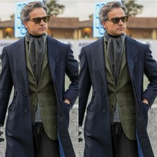 Navy Blue 100 Cashmere Men's Overcoat Business Casual Winter Warm Long Jackets