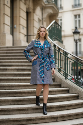 Save The Queen Designer Quirky Unique Trench Coat Midi Jacket S Blue Patchwork
