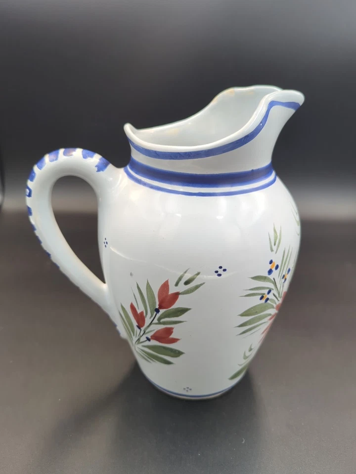 Quimper 8.5" Pitcher Hand Painted And Signed Blue White Red Green Floral Decor - Image 4 of 4