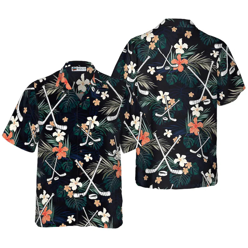 Hockey Tropical Hawaii Shirt Mens Black Blue Summer Aloha