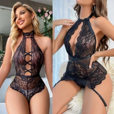 Women's Floral Lace Cut Out Babydoll Halter Teddy Bodysuit One Piece Sleepwear