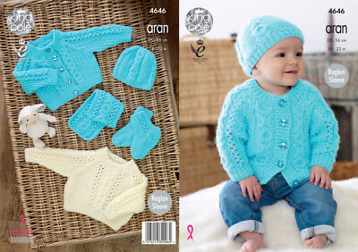 King Cole Baby Aran Knitting Pattern Sweater Cardigan Hat Scarf Booties 4646 UK