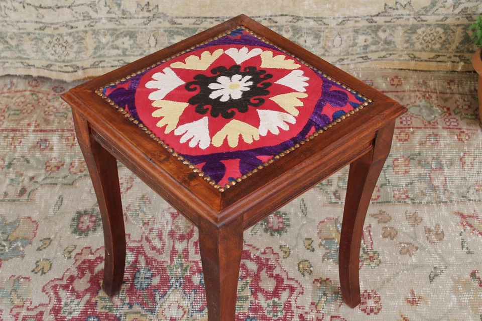 Vintage Wooden Stool Ottoman Boho Embroidered Seat Accent Side Table - Image 3 of 4