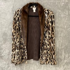 Chico's Cardigan Jacket women  s 1 Sz M Faux Fur Leopard Print Crinkle Chiffon