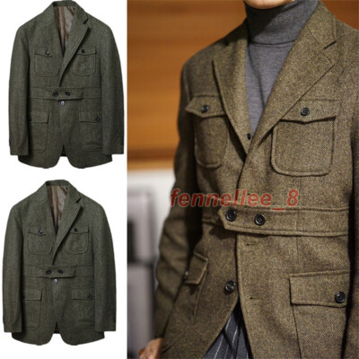 Men Vintage Tweed Wool Safari Jacket Herringbone Hunting Coat