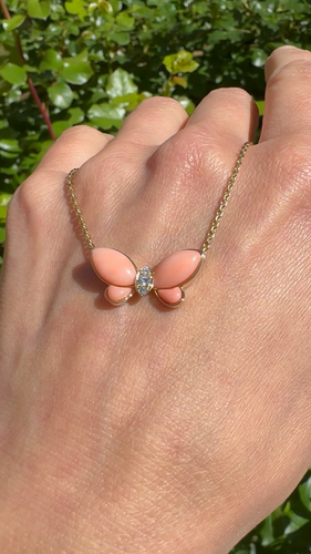 VAN CLEEF & ARPELS 18K Yellow Gold Coral Diamond Butterfly Necklace - Video 1 of 1