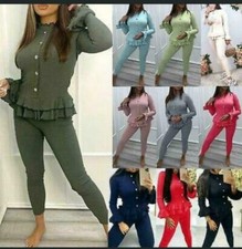 Womens Ladies Fine Ribbed Peplum Frill Gold Button Loungewear Suit Tracksuit Set