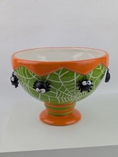 Target Halloween Ceramic Candy Serving Bowl Dangling Spiders Webs Green Orange