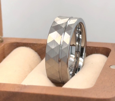 Mens Tungsten Ring Christmas Gift Flat Faceted Tungsten Anniversary Wedding Band