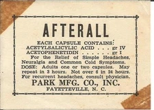 Label-AFTERALL headache reliever.Park Mfg,Fayetteville,NC.original US=melaneybuy