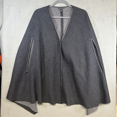 Eileen Fisher Felted Merino Snap Front Cape w/Leather Trim, size M/L 