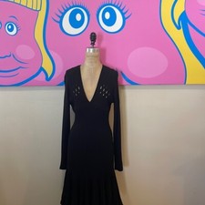 Versace Black Wool Knit V Neck Dress Fit Flair