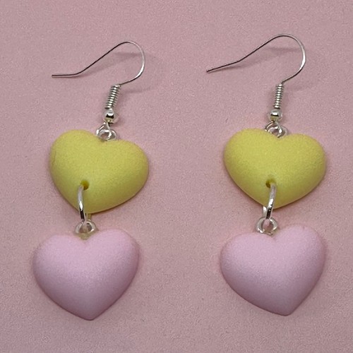 1x pair of pastel cute double heart , Resin Earrings, hooks 5.5cm Long kawaii - Picture 34 of 37