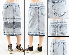 Little Girls Stretch Denim Skirt basic 5pocket Calf length RK-79081 snow wash