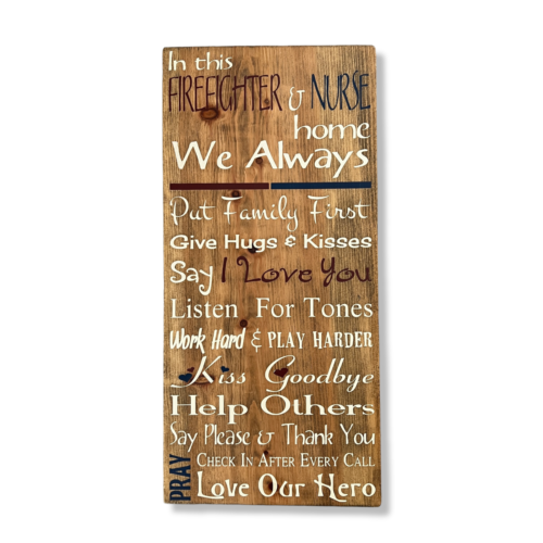 Firefighter Nurse Wooden Sign Home Decor Wedding Gift Solid Pine Hand Painted - Picture 1 of 4