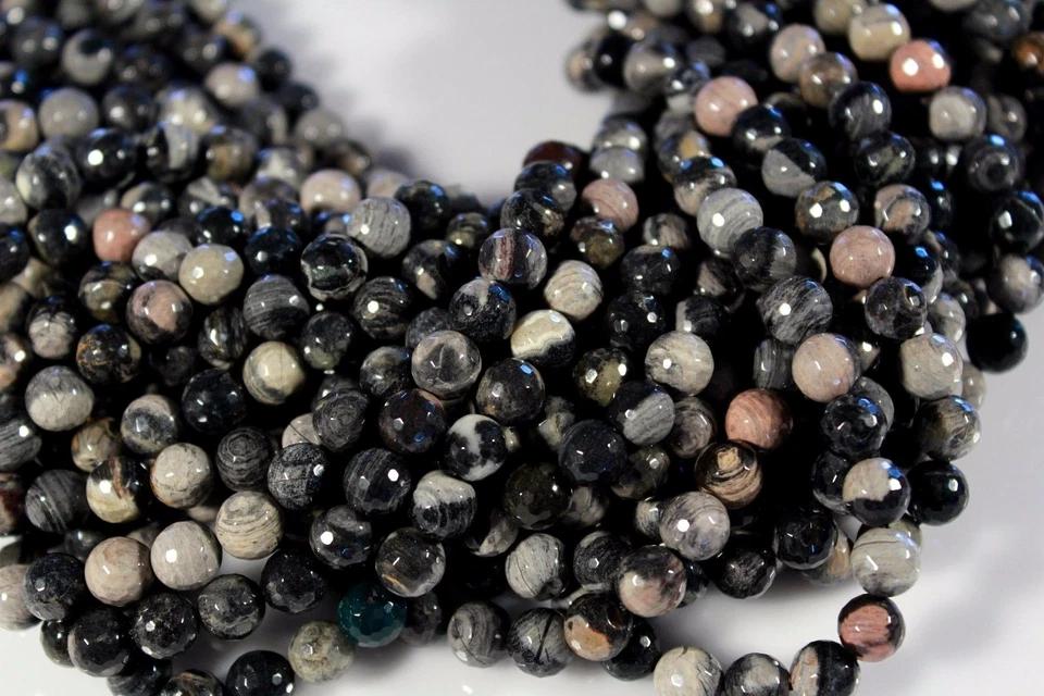 CUENTAS REDONDAS FACETADAS SUDAFRICAN HOJA DE PLATA NEGRA JASPE 8 MM 15,5" STR   Foto 2 de 2