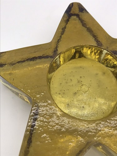 Vintage schwerer Recycling Glas gelb golden Bernstein Stern Windlicht Teelicht Kerzenhalter - Bild 2 von 5
