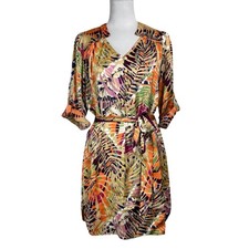 Jade Melody Tam Boho Tropical Floral Print Mini Dress Size L Belted Satin Jungle