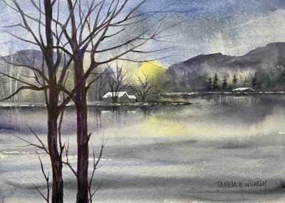 8 X 10  Original Pamela Wilhelm Watercolor Evening Glow View Across The Lake