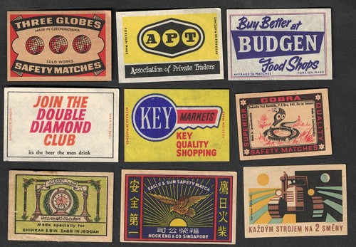 Vintage MATCHBOOK LABELs. Worldwide, 9 different Labels. Lot 250228 -02