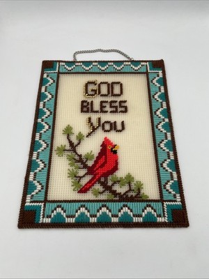 Vtg God Bless You Cardinal Decor Plastic Canvas ART Kitsch Retro Sign G3