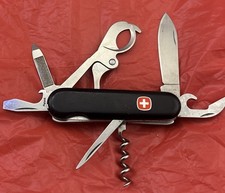 Vintage WENGER Black Swiss Army Pocketknife Can And Cork Opener, Cigar Cutter.