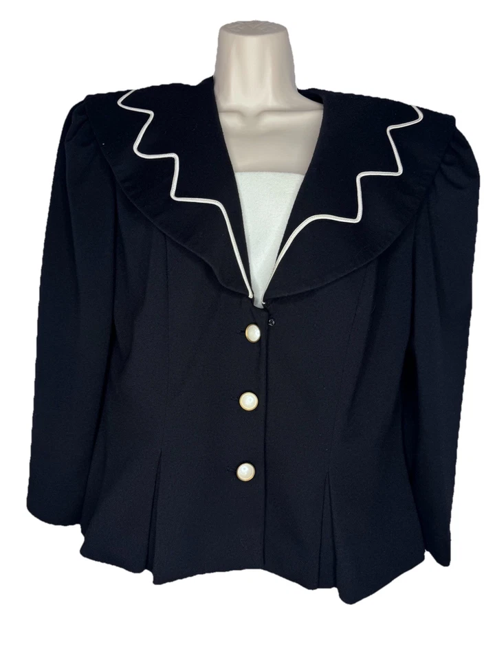 Blazer negro vintage Leslie Fay años 80 manga abullonada perla botón cuello ondulado talla 14 Foto 3 de 4