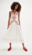 NEW FREE PEOPLE WHITE RED EMBROIDERED HEART VALENCIANA MIDI DRESS SZ XS