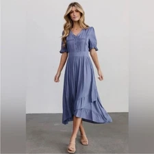 Baltic Born Hannah Midi Asymmetric Ruffle Dusty Blue Midi Dress Size 3X