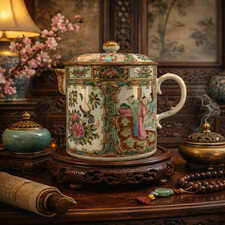 Large 19thC Chinese Export Famille Rose Porcelain Barrel Form Coffee Pot & Cover