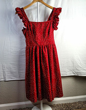 SHEIN S Red/White Polka Dot Chiffon Smocked Ruffle Strap Square Neck Midi