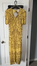 Scalloped V-Neck Line Gold Sequin Cut-Out Back Dress/Gown, center front slit