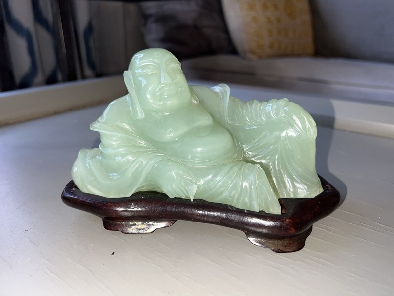 Old Chinese Carved Celadon Jade Lucky Happy Reclining Buddha Figure w/Base