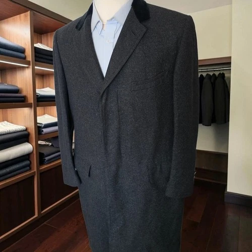 Vintage 1950s Chesterfield Overcoat 40r Bespoke Charcoal Wool Velvet - product listing photo