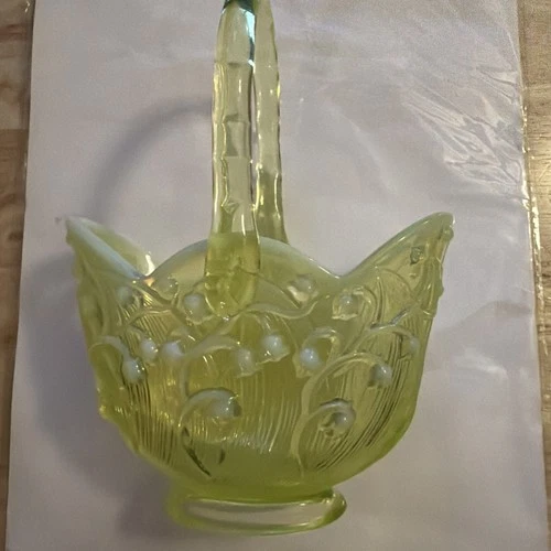 Vintage Fenton Glass Lily Of The Valley Handled Basket, Vaseline/Rare