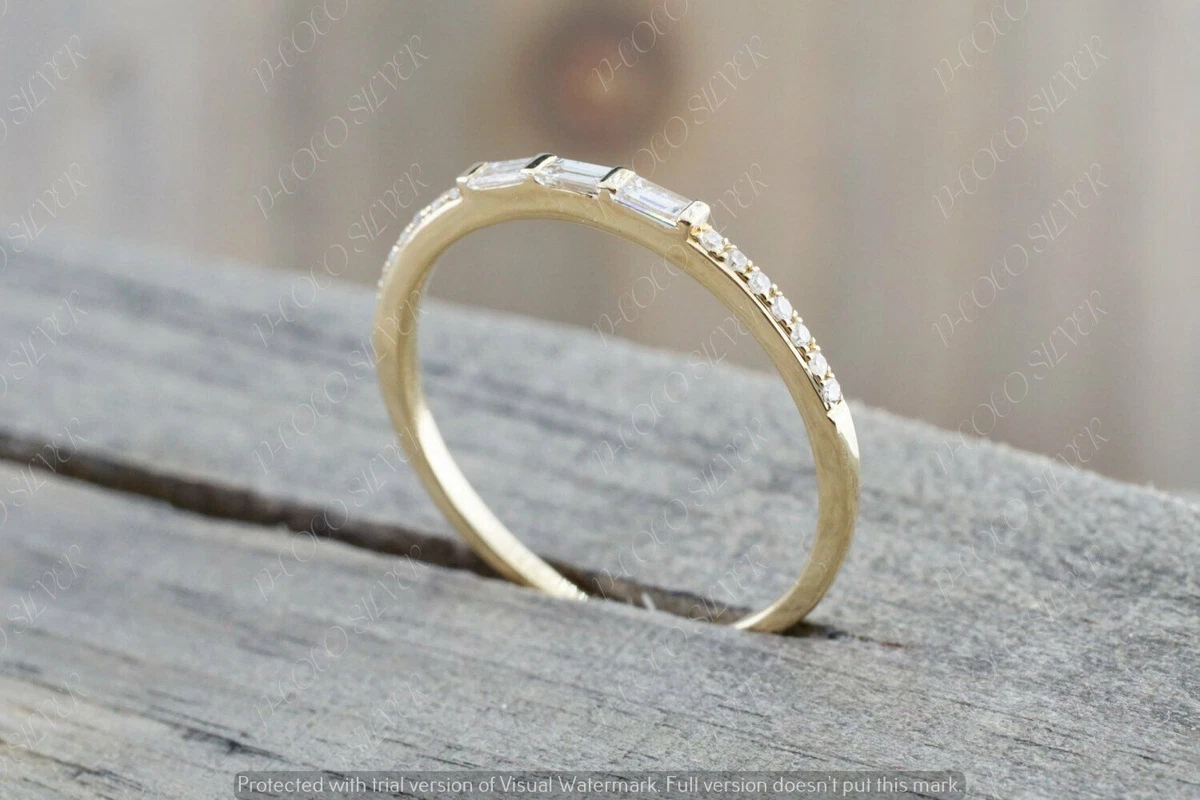 Minimalist Wedding Ring Band Baguette Simulated Diamond Gold